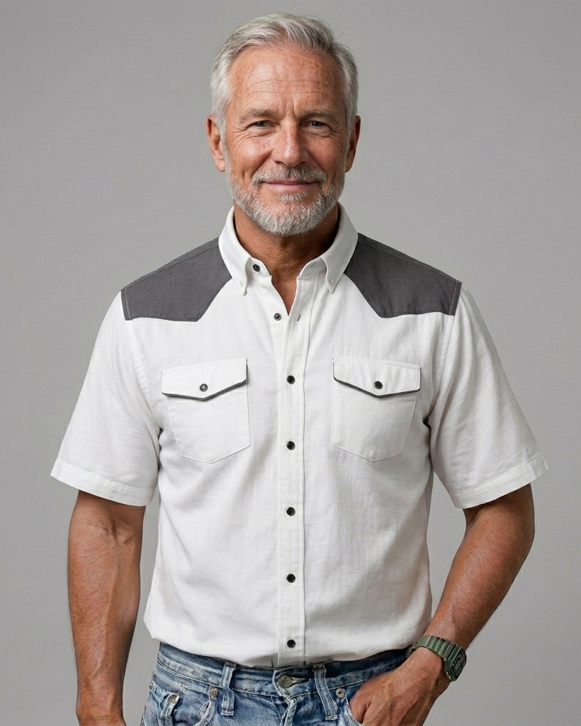 Men's White Regular Fit Western Retro Color Block Patchwork Short Sleeve Button-down Shirt