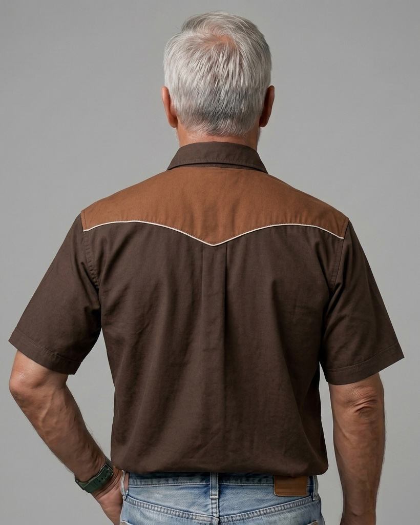 Men's Brown Regular Fit Western Retro Two-tone Splicing Short Sleeve Button-down Shirt