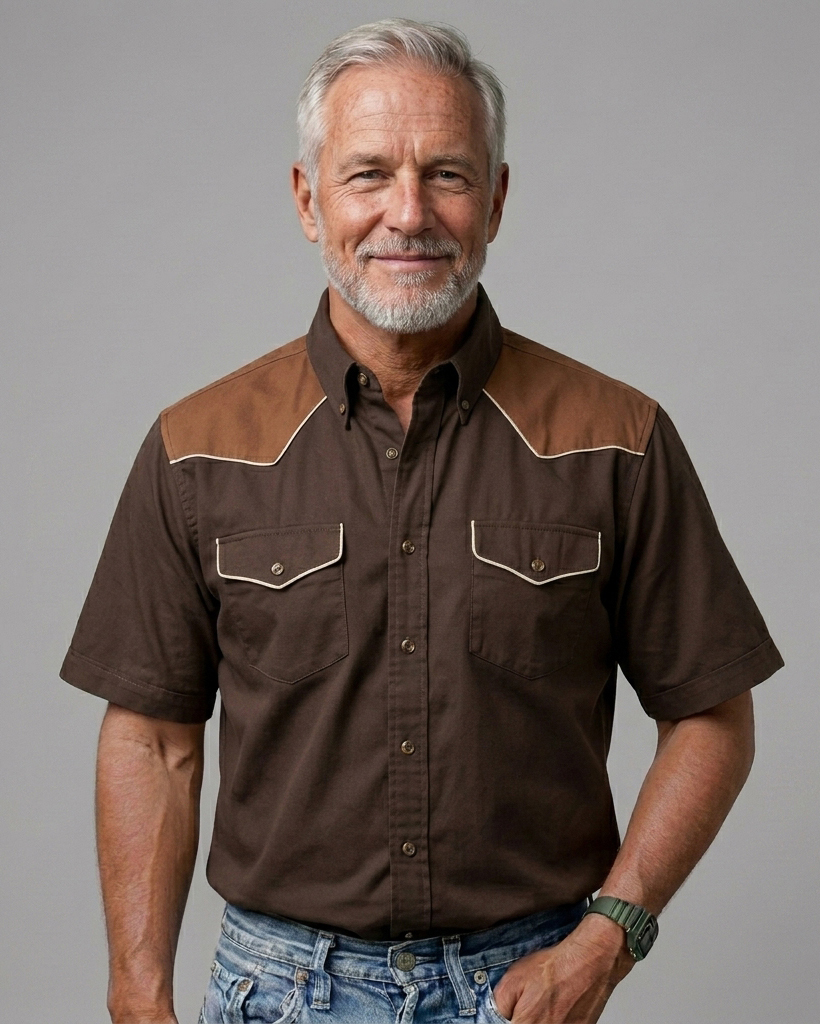 Men's Brown Regular Fit Western Retro Two-tone Splicing Short Sleeve Button-down Shirt