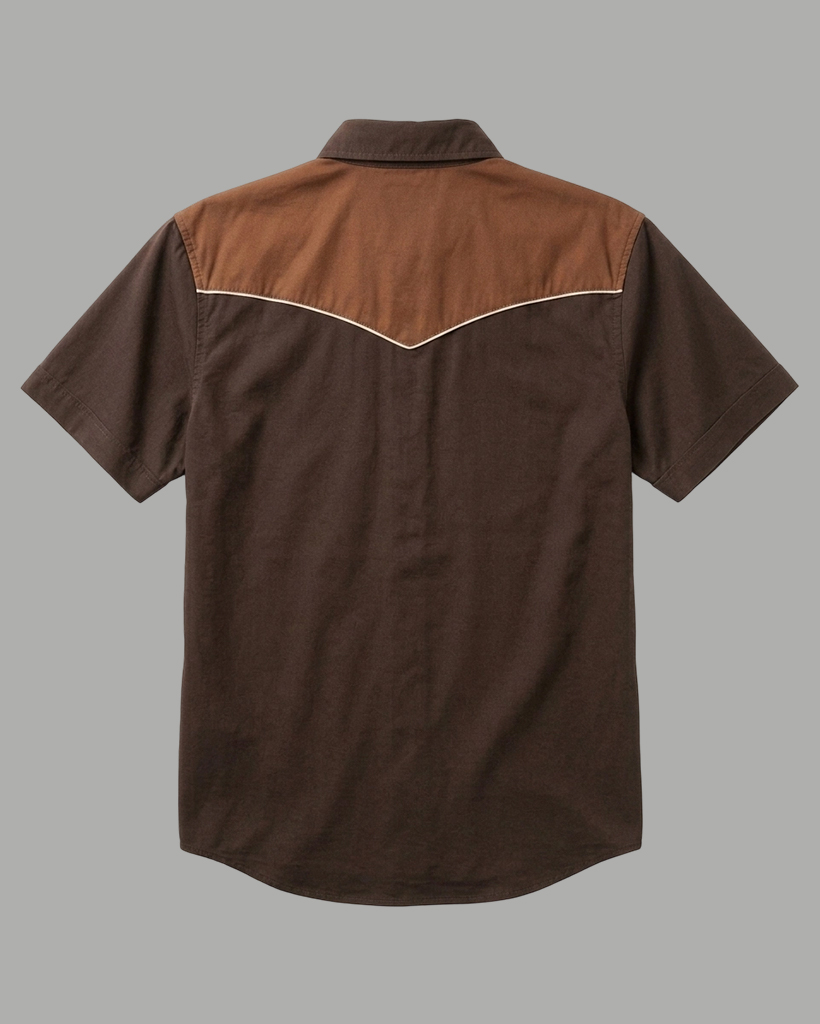 Men's Brown Regular Fit Western Retro Two-tone Splicing Short Sleeve Button-down Shirt