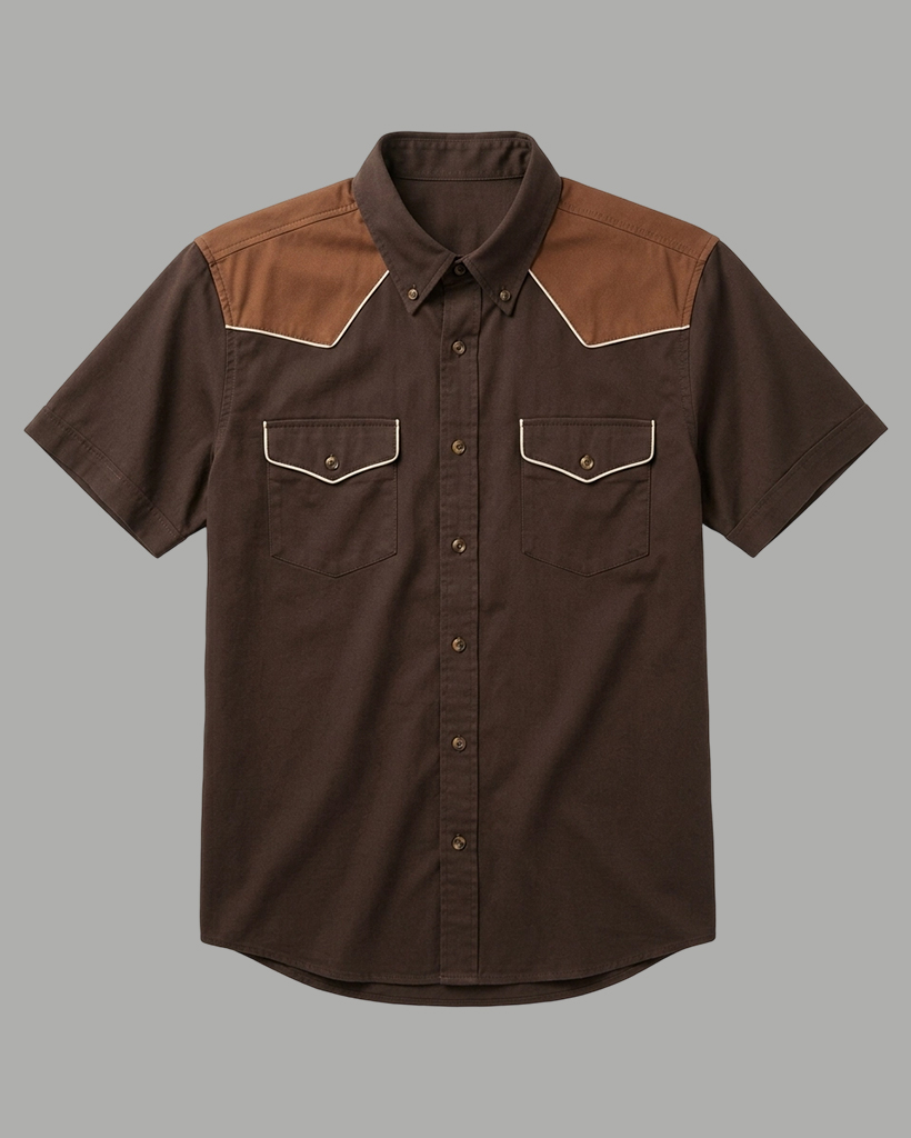 Men's Brown Regular Fit Western Retro Two-tone Splicing Short Sleeve Button-down Shirt