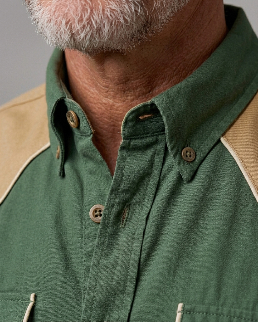 Men's Moss Green Regular Fit Western Retro Khaki Splicing Short Sleeve Button-down Shirt