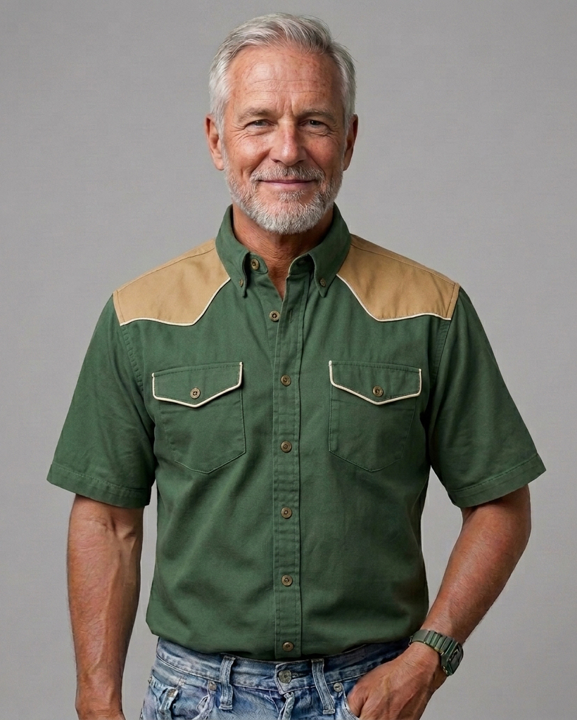 Men's Moss Green Regular Fit Western Retro Khaki Splicing Short Sleeve Button-down Shirt