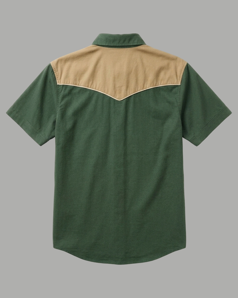 Men's Moss Green Regular Fit Western Retro Khaki Splicing Short Sleeve Button-down Shirt