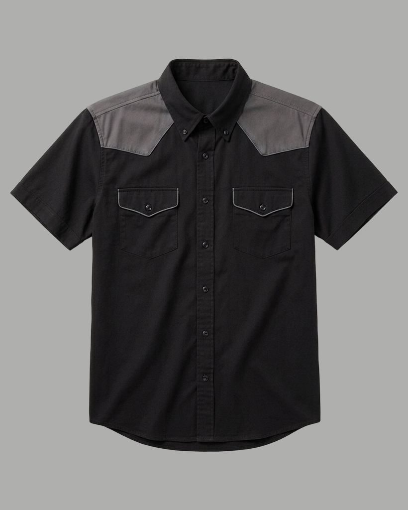 [Copy]Men's Moss Green Regular Fit Western Retro Khaki Splicing Short Sleeve Button-down Shirt