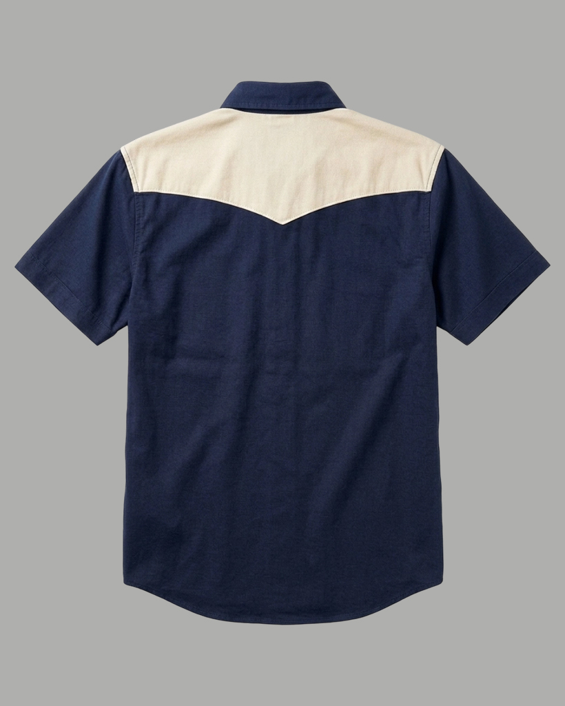 Men's Navy Regular Fit Western Retro beige Splicing Short Sleeve Button-down Shirt