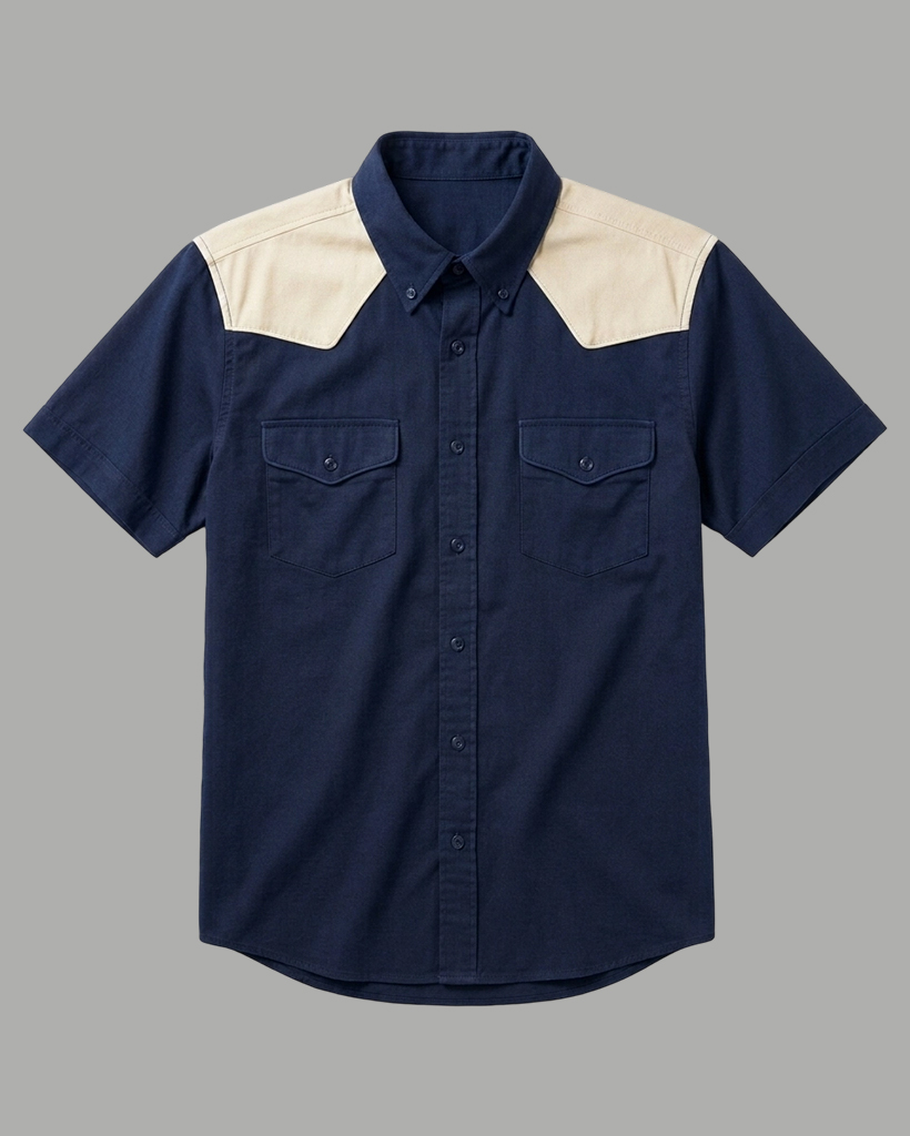 Men's Navy Regular Fit Western Retro beige Splicing Short Sleeve Button-down Shirt