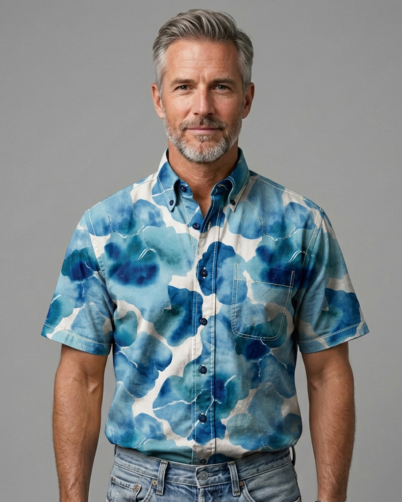[Copy]Men's Navy Regular Fit Western Retro beige Splicing Short Sleeve Button-down Shirt