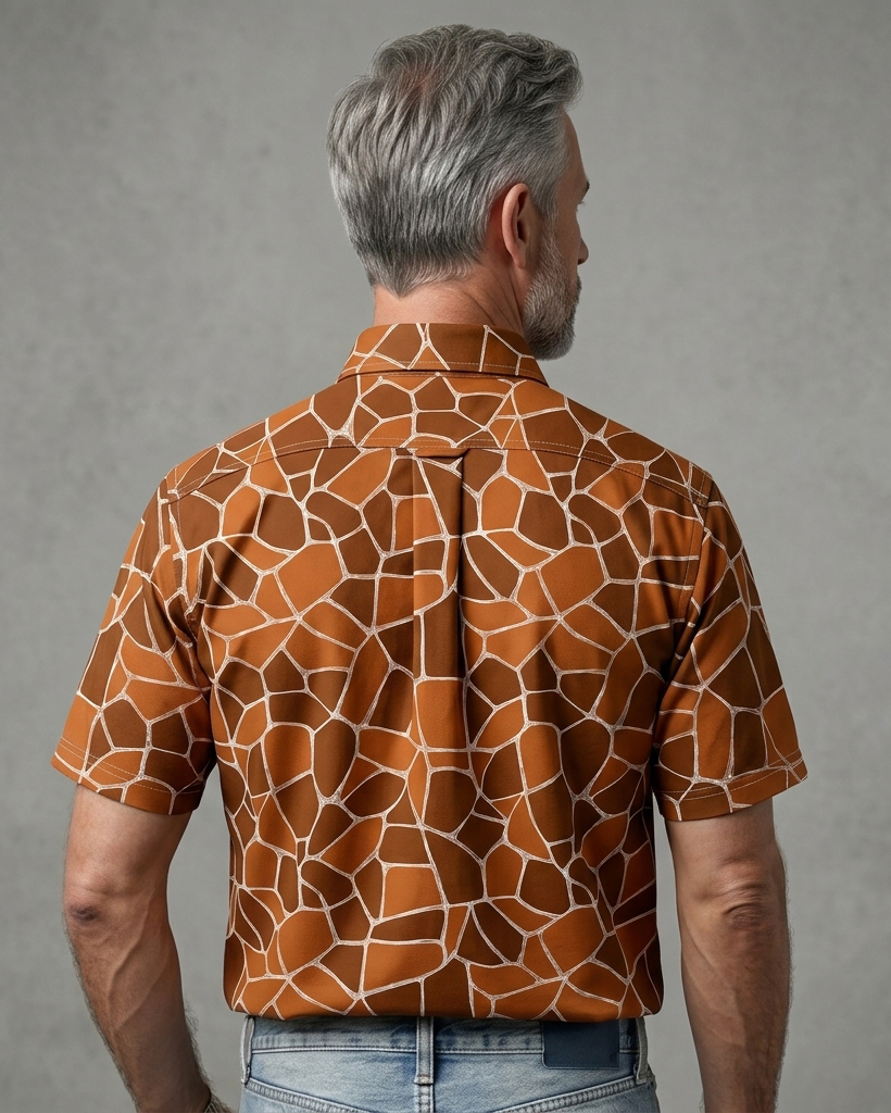 Men's Burnt Orange Regular Fit Retro Safari Giraffe Mosaic Print Short Sleeve Button-down Shirt