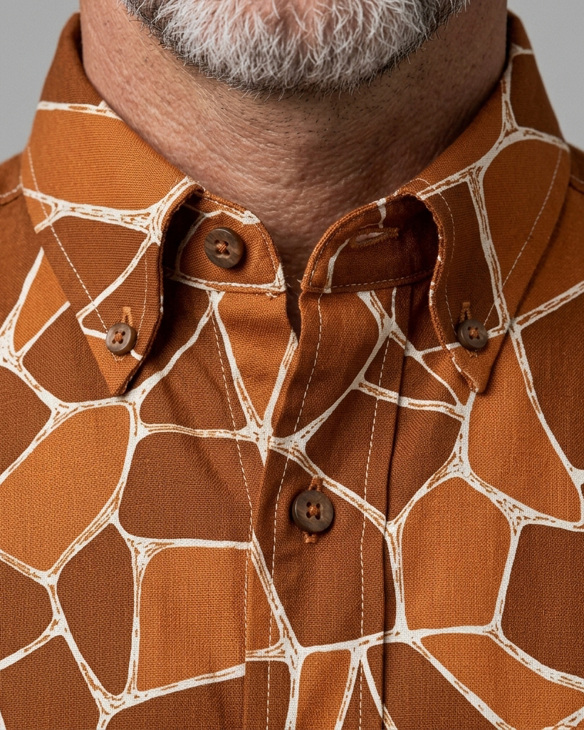 Men's Burnt Orange Regular Fit Retro Safari Giraffe Mosaic Print Short Sleeve Button-down Shirt