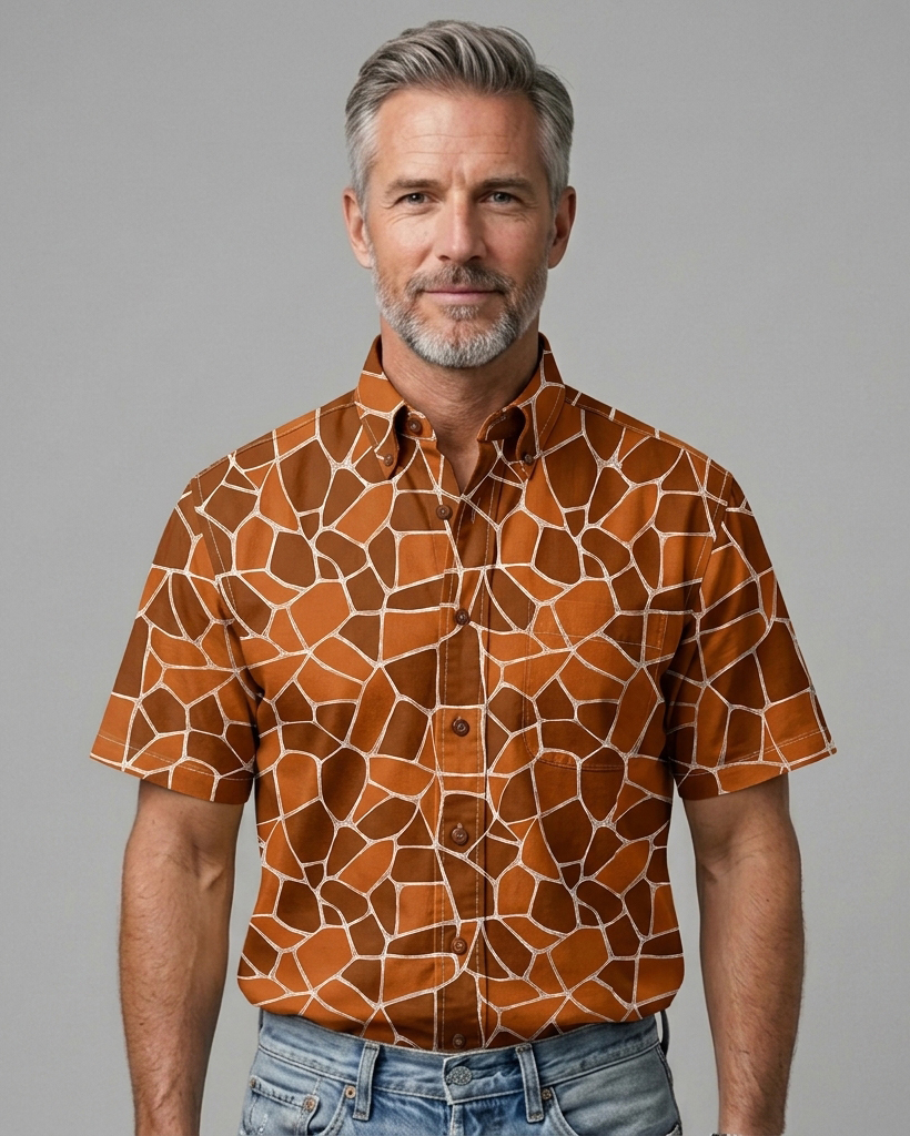 Men's Burnt Orange Regular Fit Retro Safari Giraffe Mosaic Print Short Sleeve Button-down Shirt