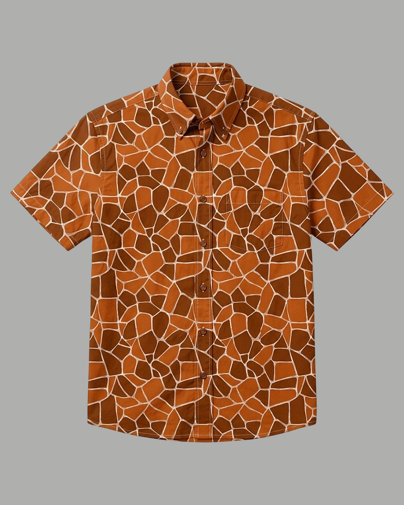 Men's Burnt Orange Regular Fit Retro Safari Giraffe Mosaic Print Short Sleeve Button-down Shirt
