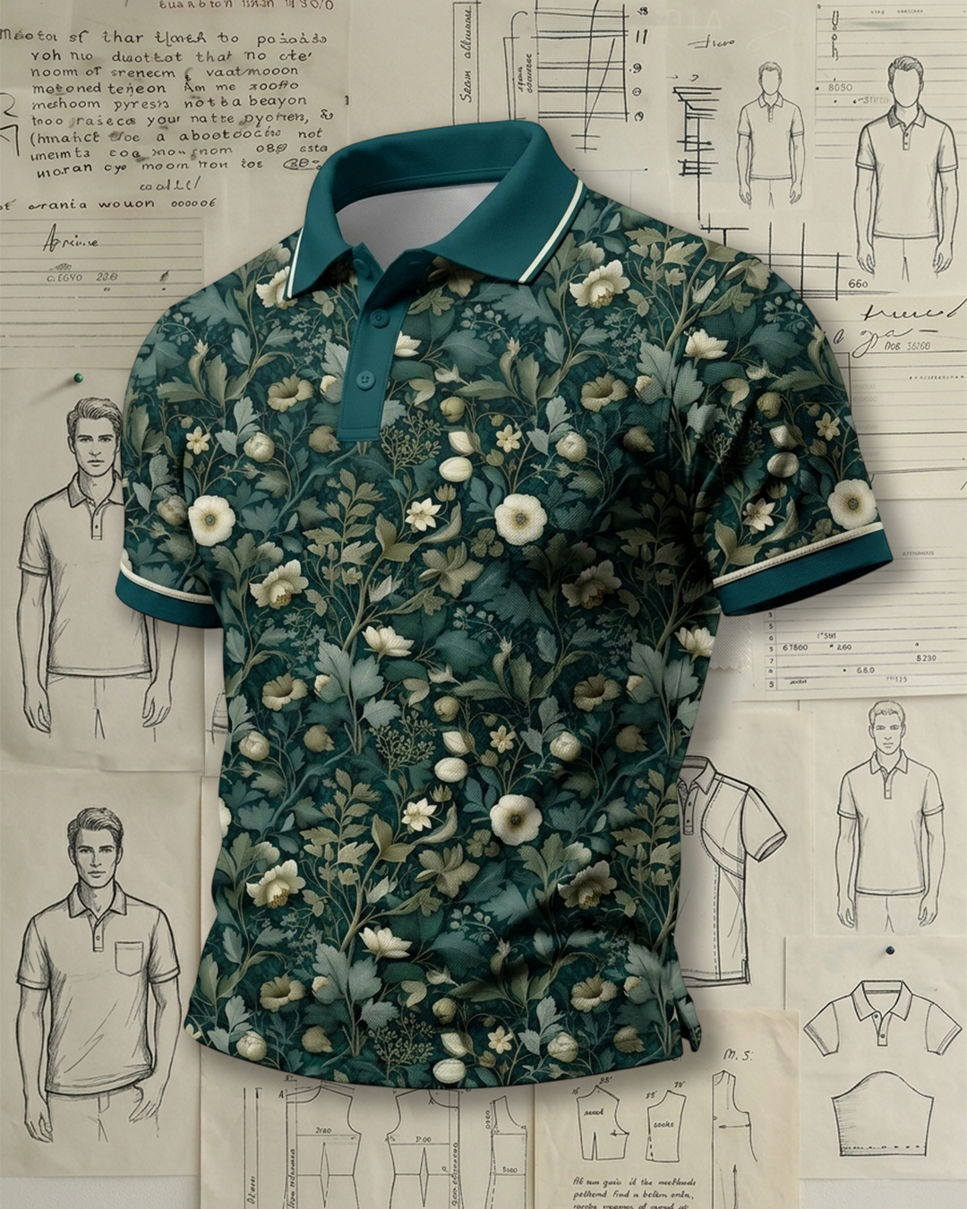 Antique Ivory Flower & Foliage Pattern Polo