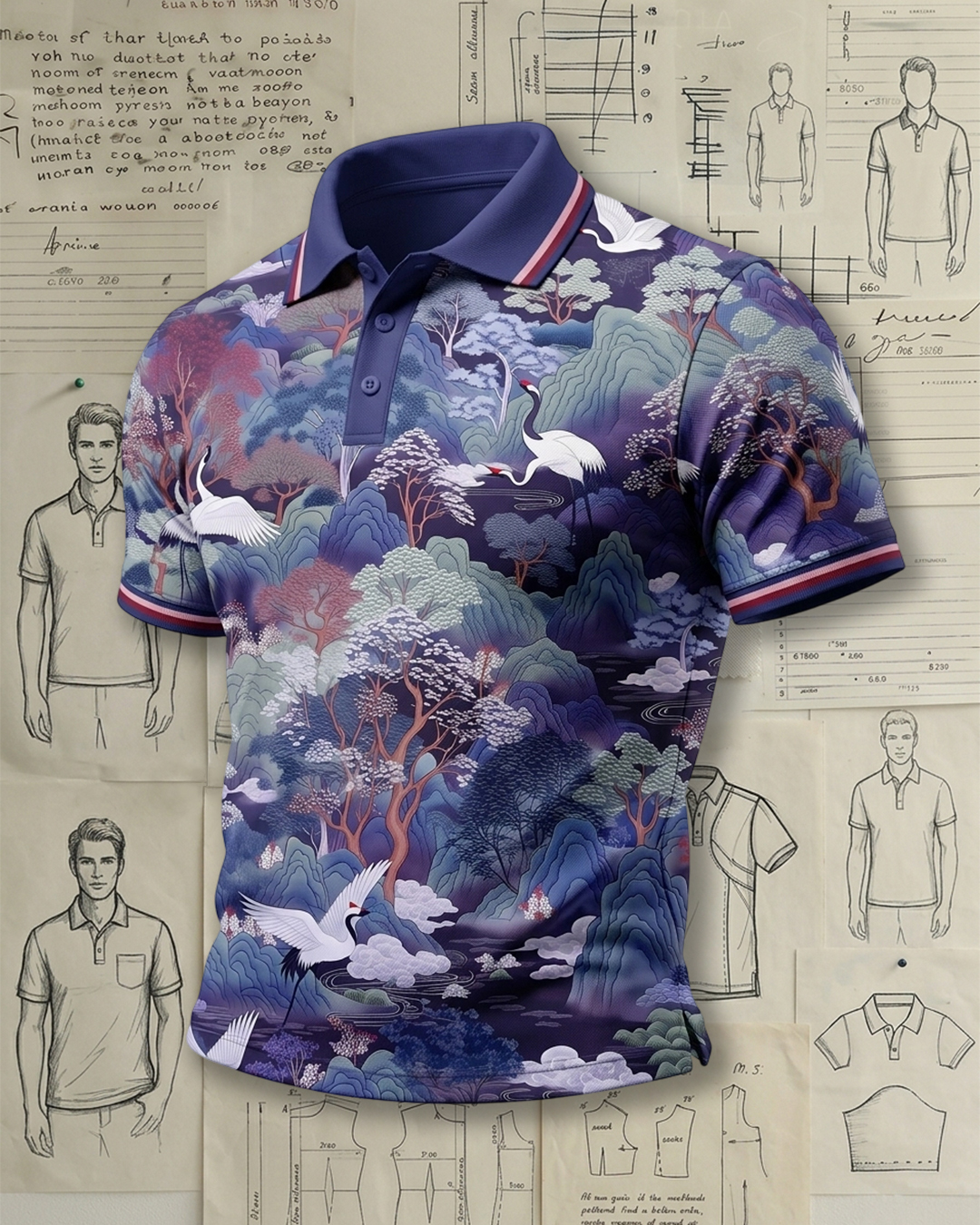 Crane & Mountain Landscape Art Print Polo Shirt