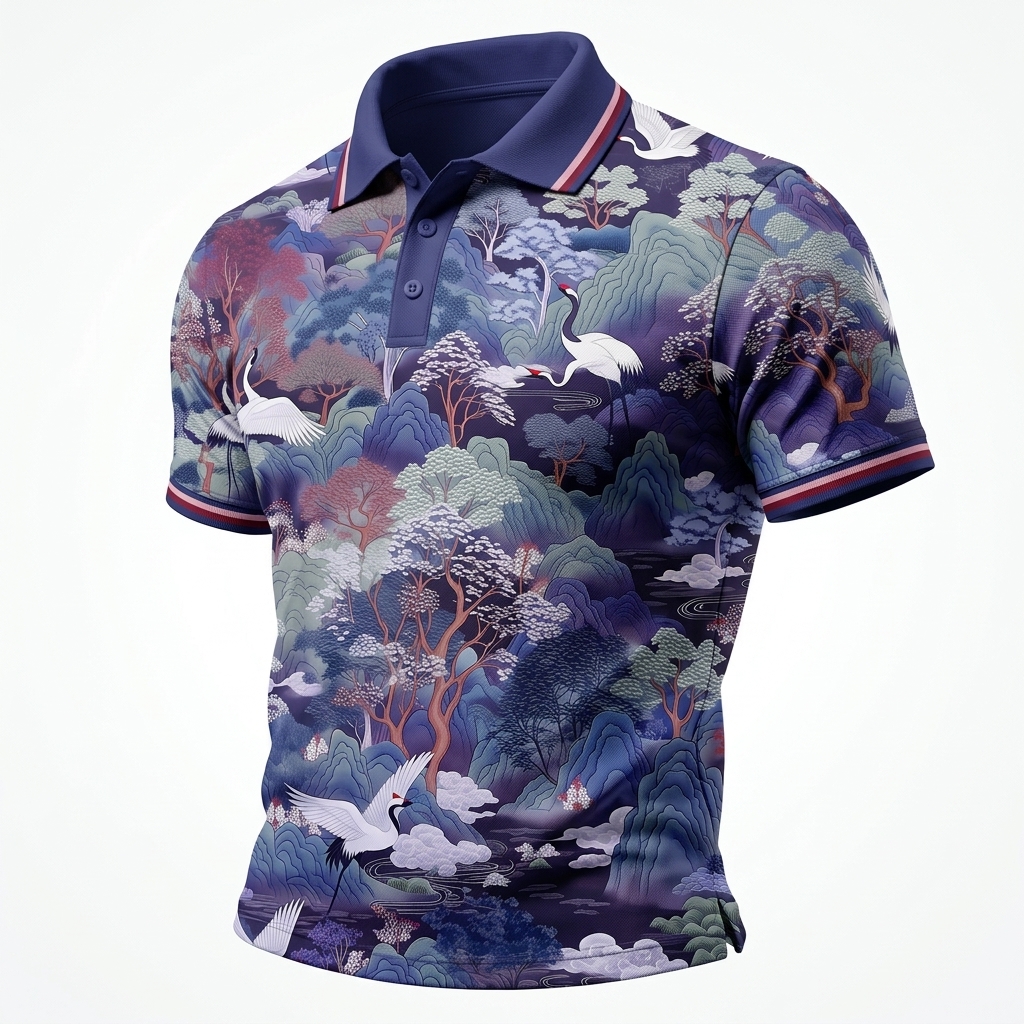 Crane & Mountain Landscape Art Print Polo Shirt