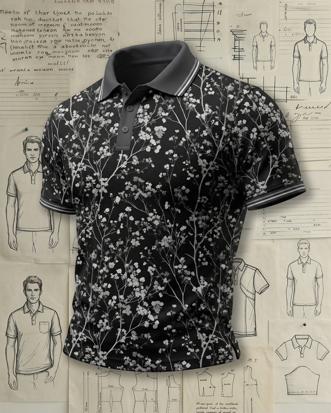 Black & White Blossom Pattern Polo Shirt