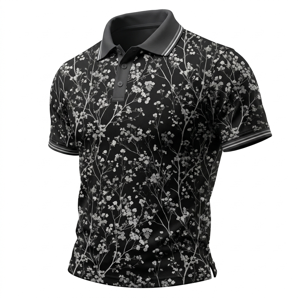 Black & White Blossom Pattern Polo Shirt