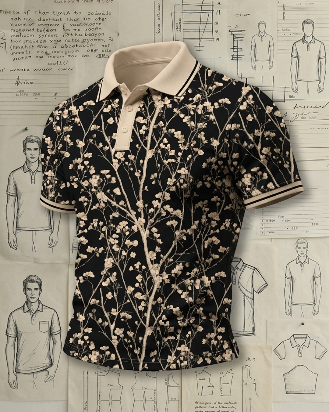 Midnight Cream Blossom Print Men’s Polo