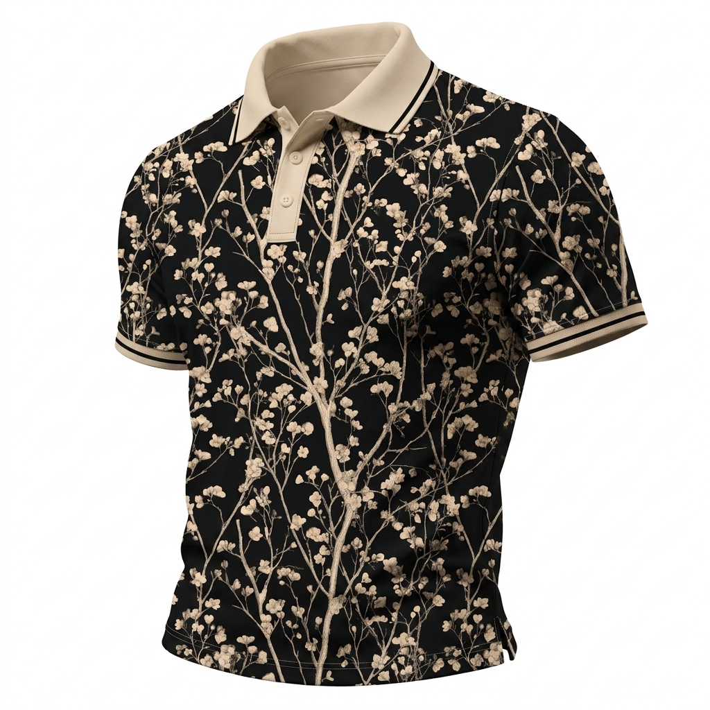 Midnight Cream Blossom Print Men’s Polo
