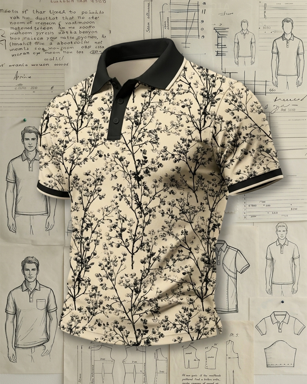 Beige & Black Cherry Blossom Print Polo Shirt