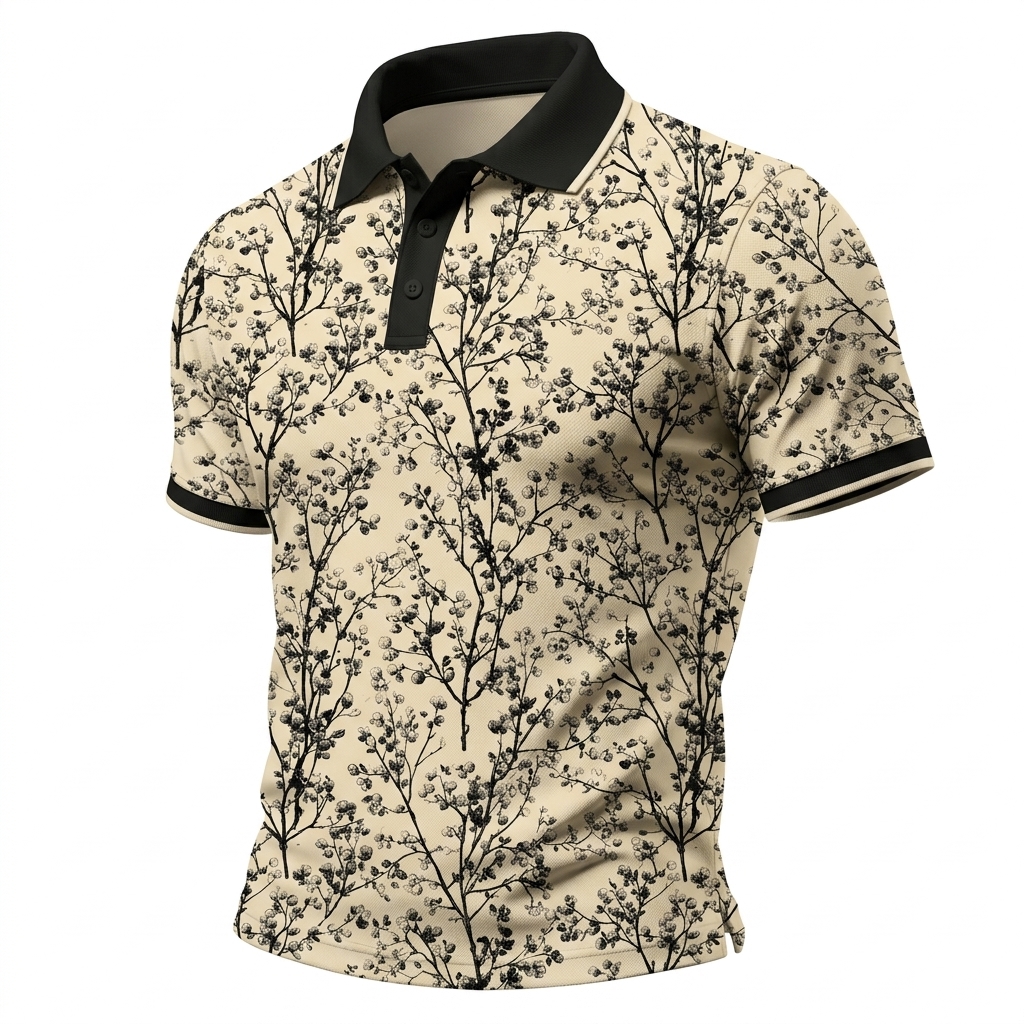 Beige & Black Cherry Blossom Print Polo Shirt
