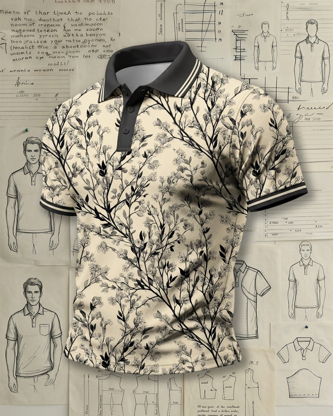 Elegant Monochrome Botanical Sketch Casual Polo