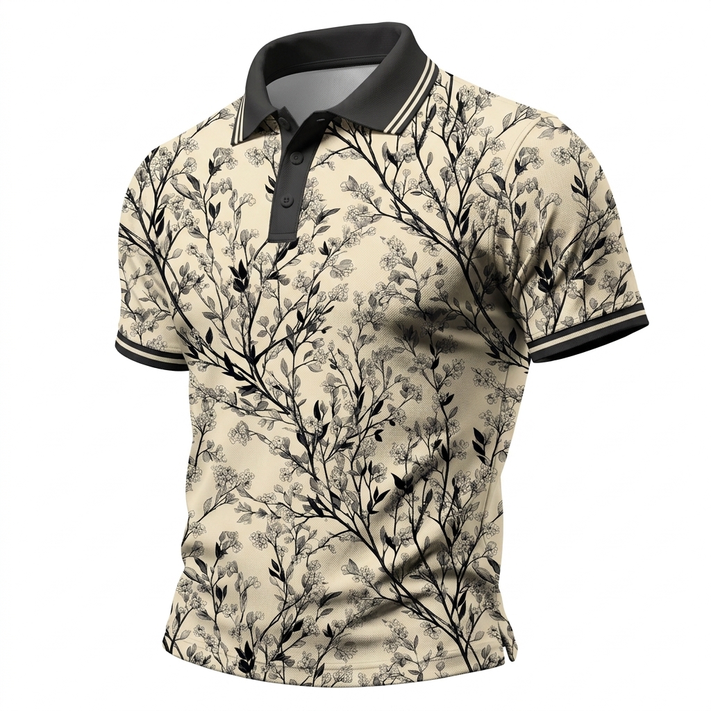 Elegant Monochrome Botanical Sketch Casual Polo