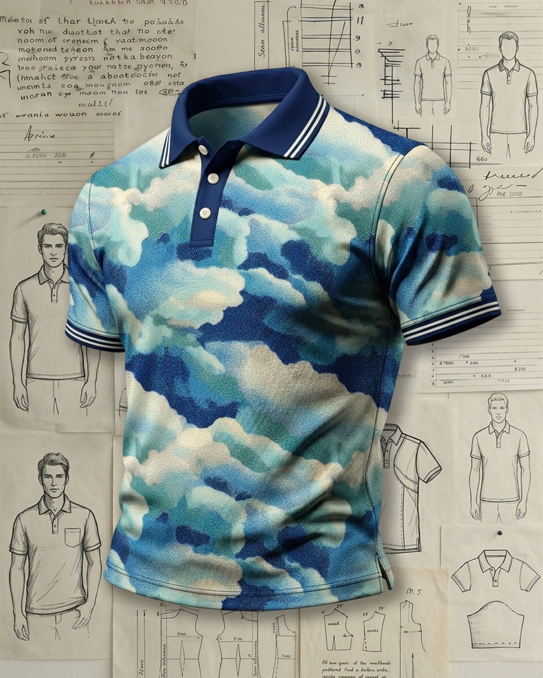 Retro Blue Watercolor Skyscape Men’s Polo