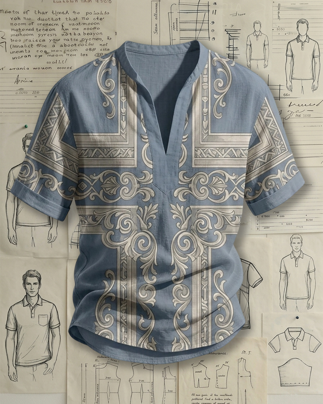Men's Dusty Blue Baroque Scroll Print Loose Fit Vintage Resort Style Linen Blend Stand Collar Short Sleeve Henley Shirt