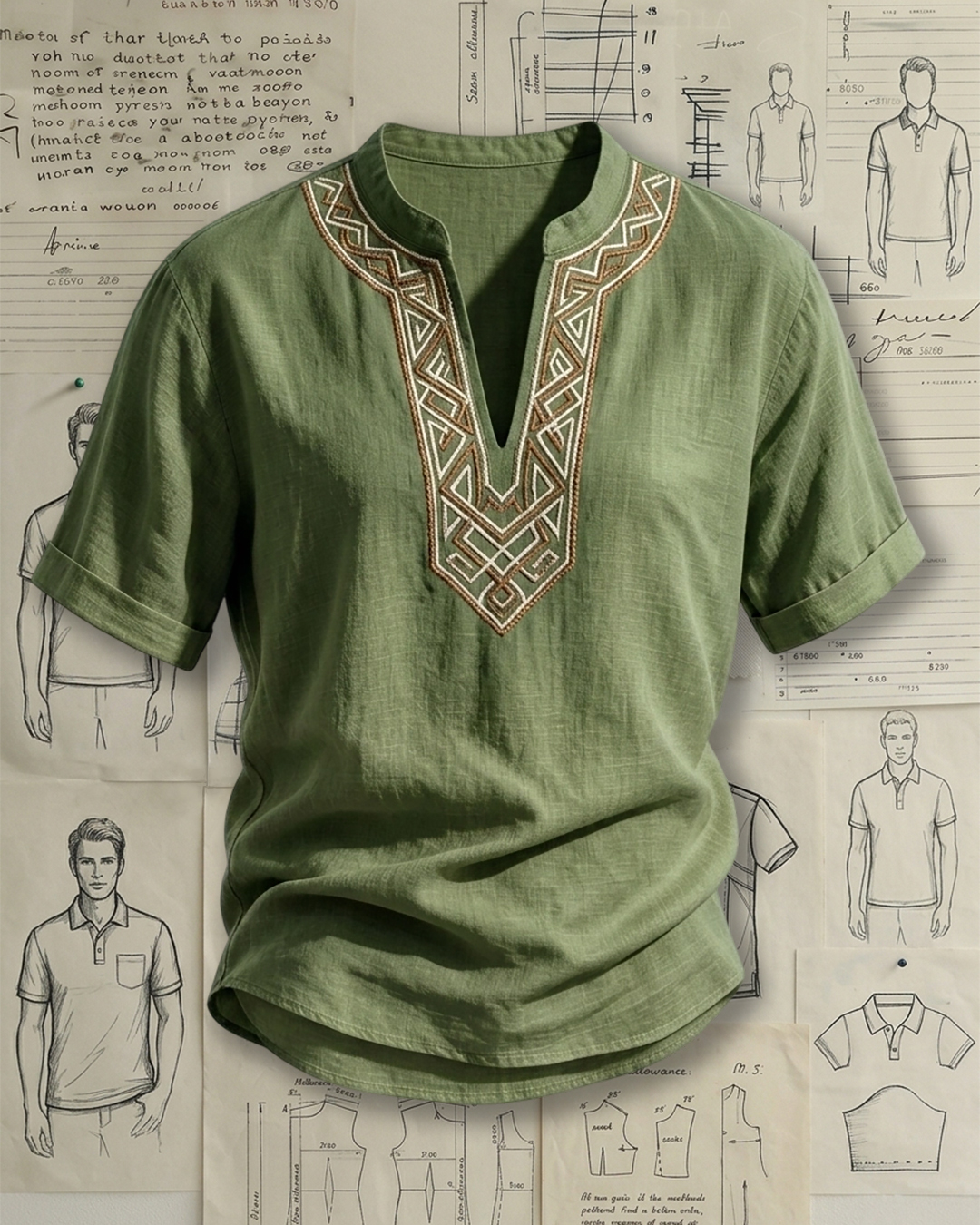 Men's Moss Green Geometric Ethnic Embroidery Loose Fit Bohemian Casual Style Linen Blend Stand Collar Short Sleeve Henley Shirt