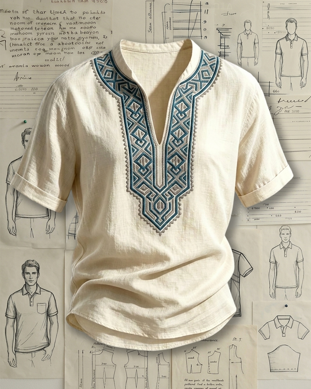 Men's Beige Geometric Tribal Embroidery Relaxed Fit Retro Ethnic Style Linen Blend Stand Collar Short Sleeve Henley Shirt