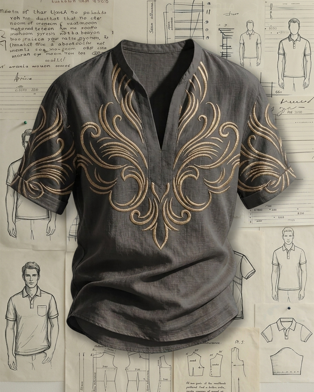 Men's Charcoal Gray Golden Baroque Scroll Embroidery Relaxed Fit Luxe Retro Style Linen Blend Stand Collar Short Sleeve Henley Shirt