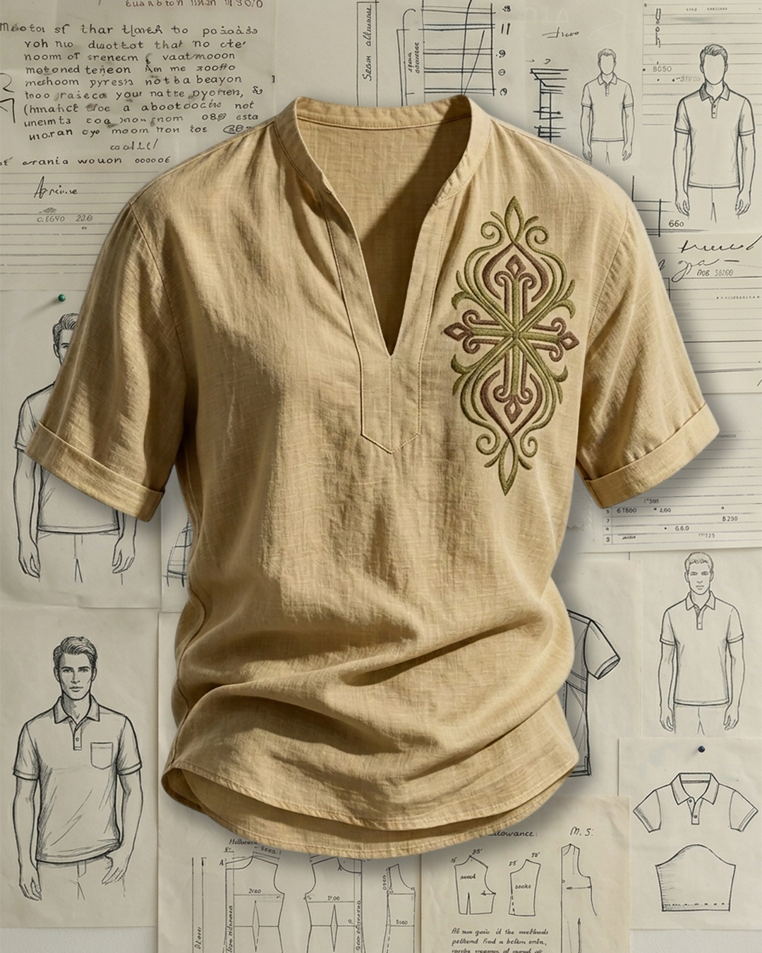 Men's Khaki Vintage Court Totem Embroidery Loose Fit Bohemian Retro Style Linen Blend V-neck Stand Collar Rolled Cuff Short Sleeve Shirt