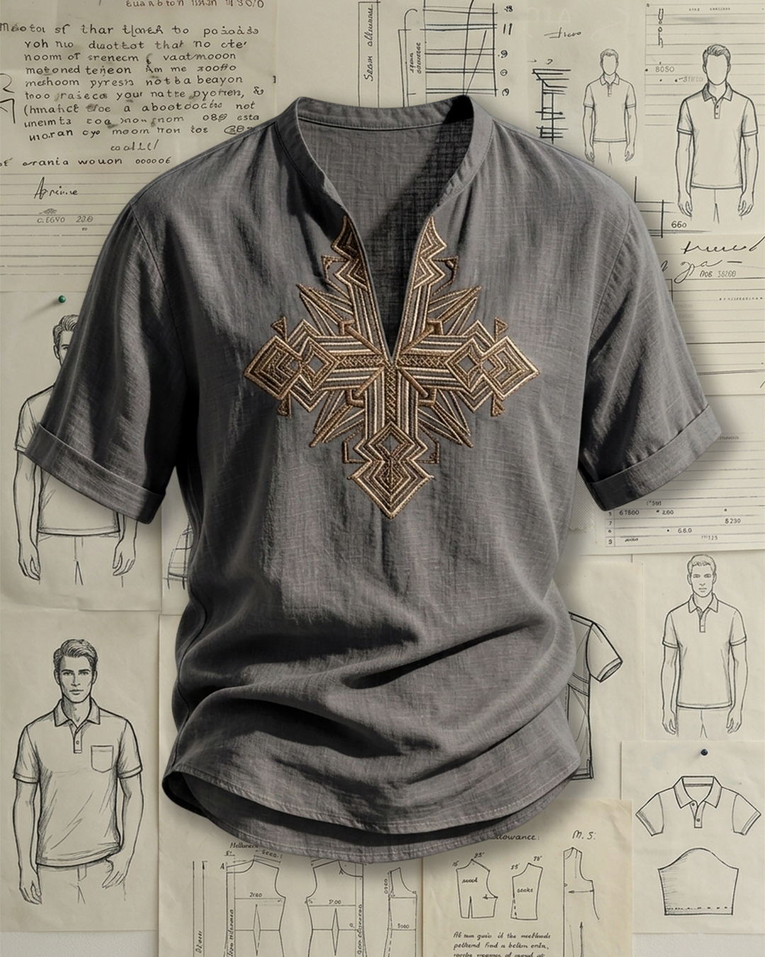 Men's Dark Gray Golden Geometric Totem Embroidery Loose Fit Retro Ethnic Style Linen Blend V-neck Stand Collar Rolled Cuff Short Sleeve Shirt