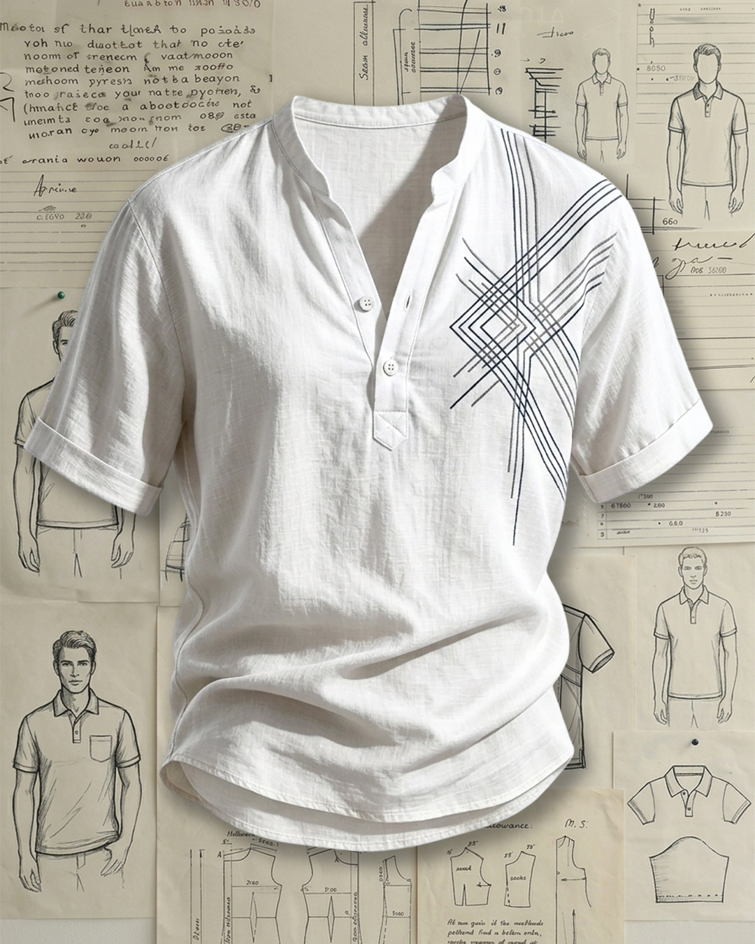 Men's White Black Geometric Line Print Loose Fit Casual Linen Blend Henley Stand Collar Rolled Cuff Short Sleeve Shirt