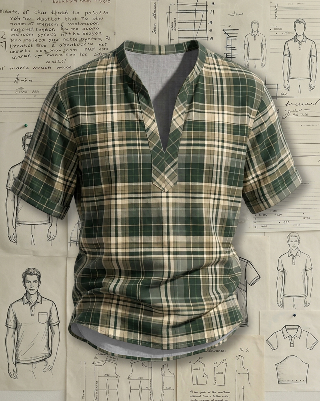 Men's Forest Green and Beige Retro Plaid Loose Fit Casual Linen Blend V-neck Stand Collar Rolled Cuff Short Sleeve Shirt
