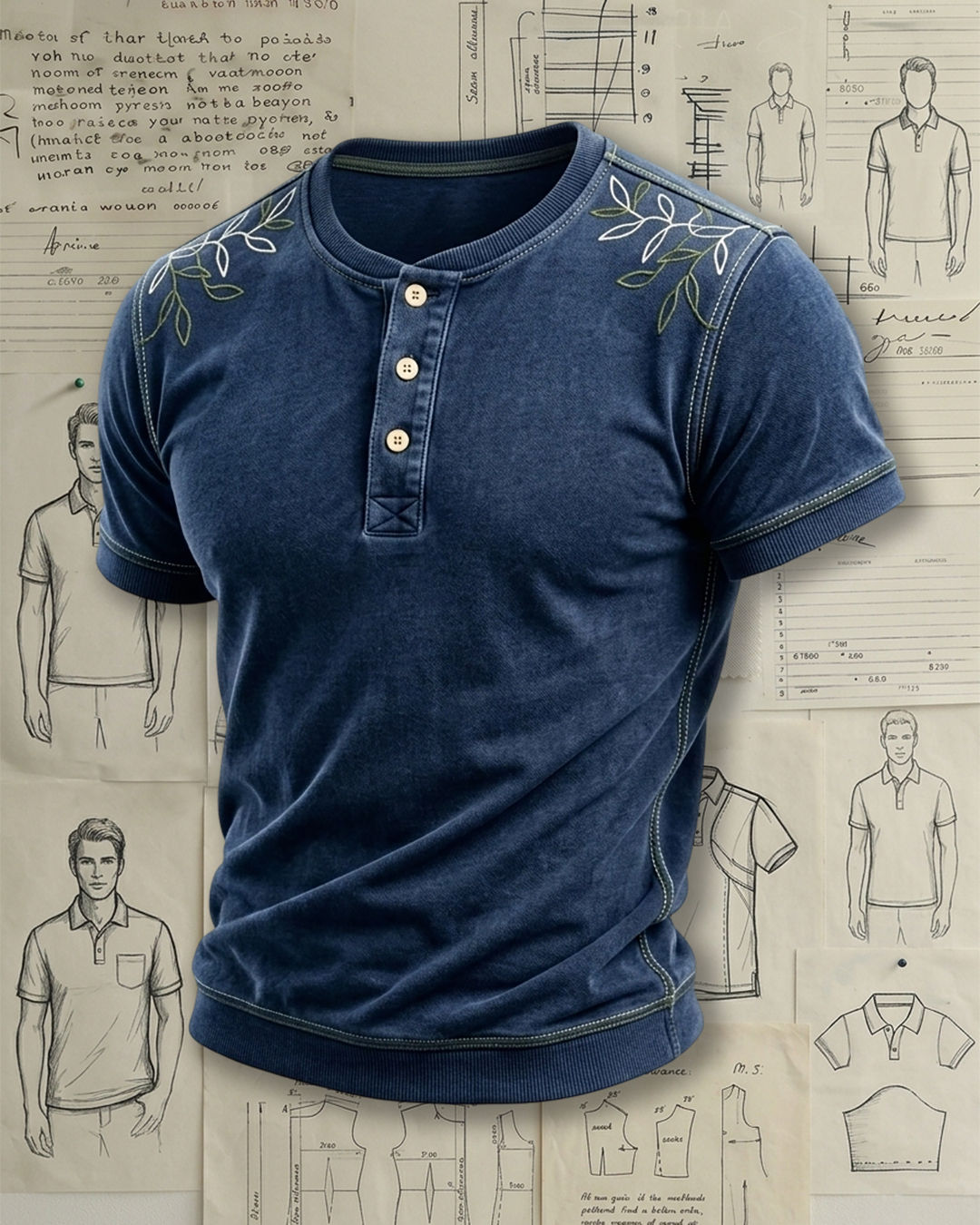 Men's Washed Navy Blue Leaf Embroidered Slim Fit Vintage Workwear Style Henley Neck Contrast Stitch Ribbed Short Sleeve T-shirt