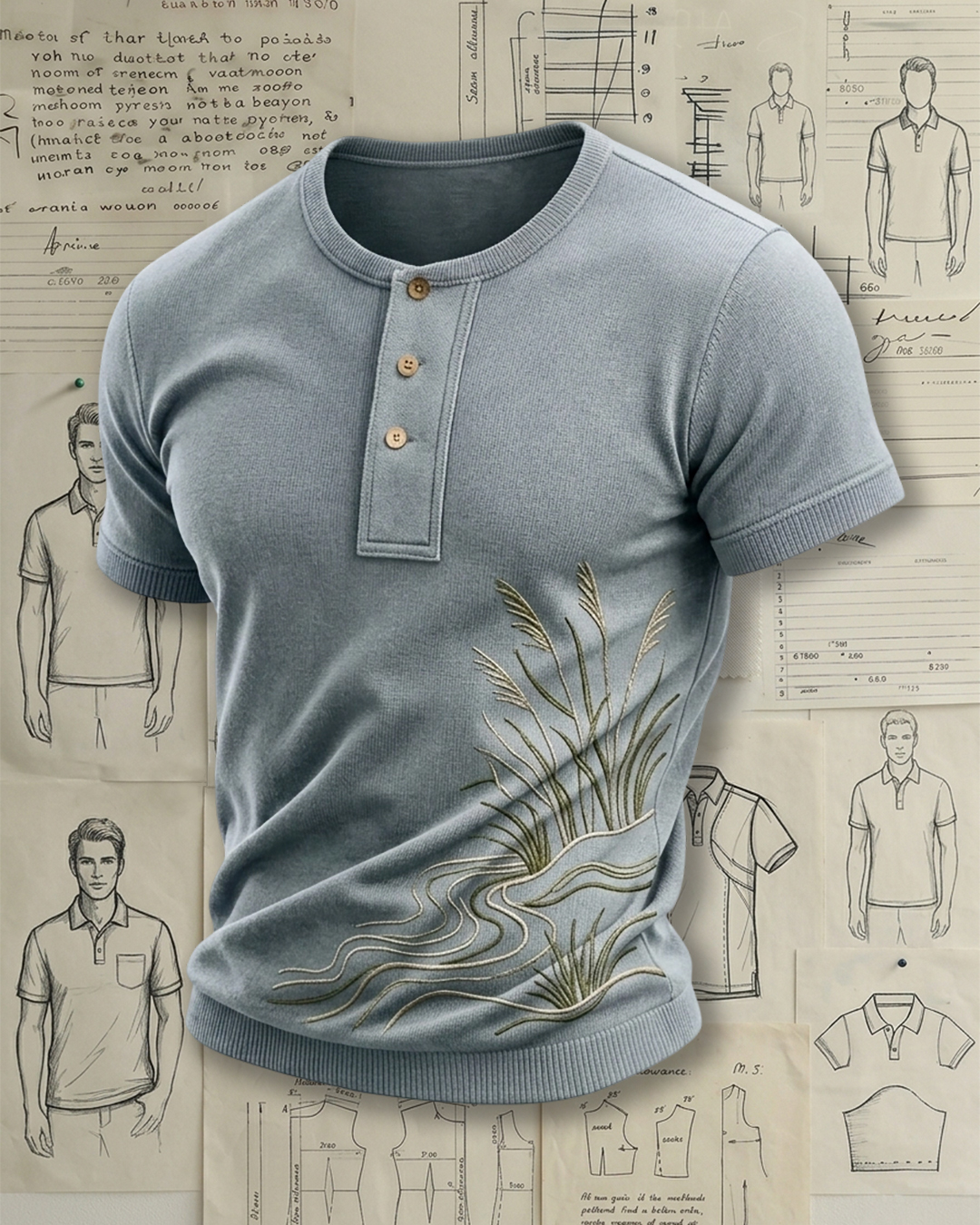 Men's Dusty Blue Reed Water Ripple Embroidered Slim Fit Retro Outdoor Style Henley Neck Ribbed Short Sleeve Knit T-shirt