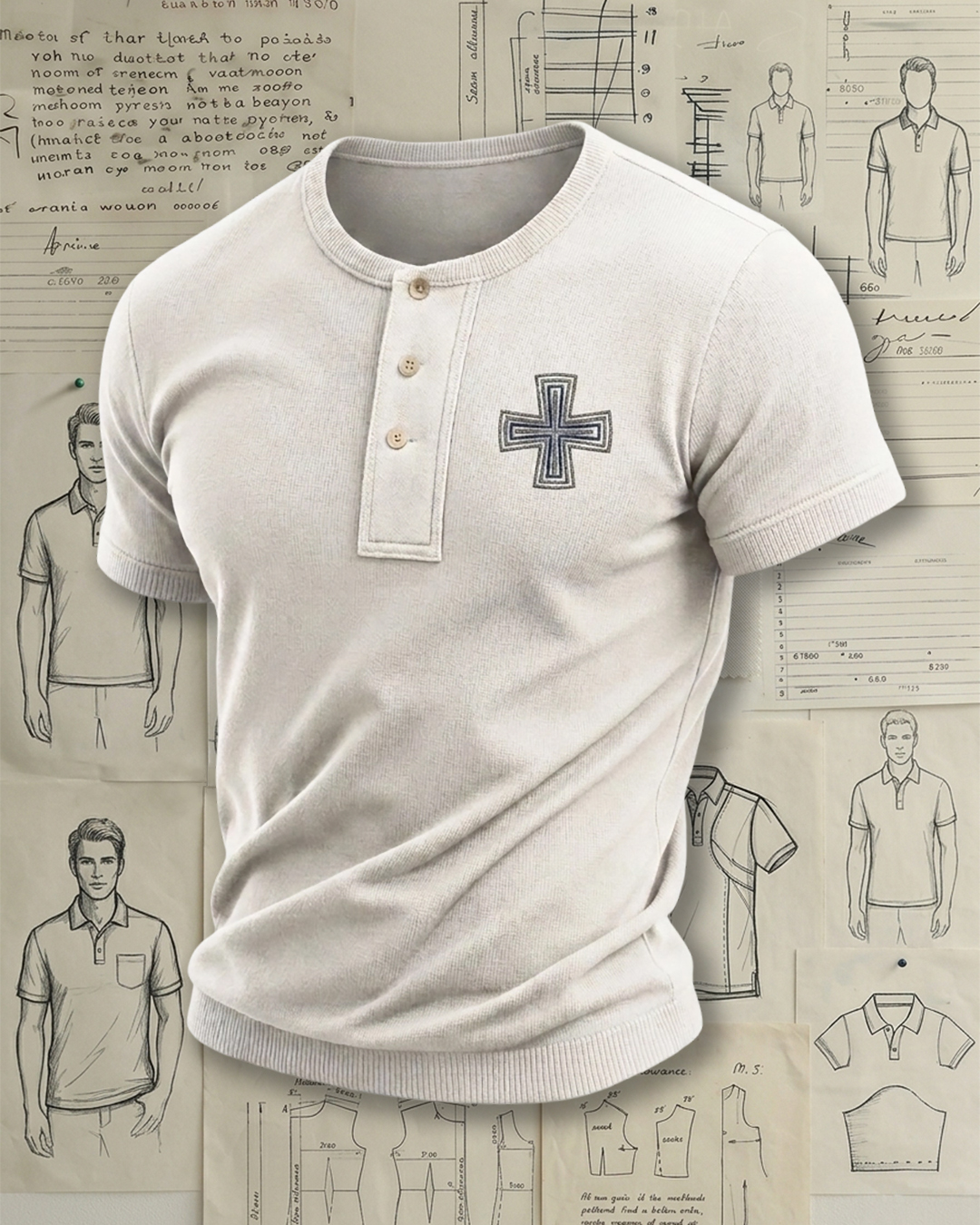 Men's Beige Geometric Cross Embroidery Slim Fit Minimalist Casual Style Henley Neck Ribbed Short Sleeve Knit T-shirt
