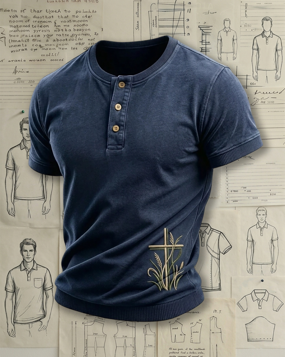 Men's Washed Navy Cross and Wheat Embroidery Slim Fit Vintage Casual Style Henley Neck Ribbed Short Sleeve Knit T-shirt