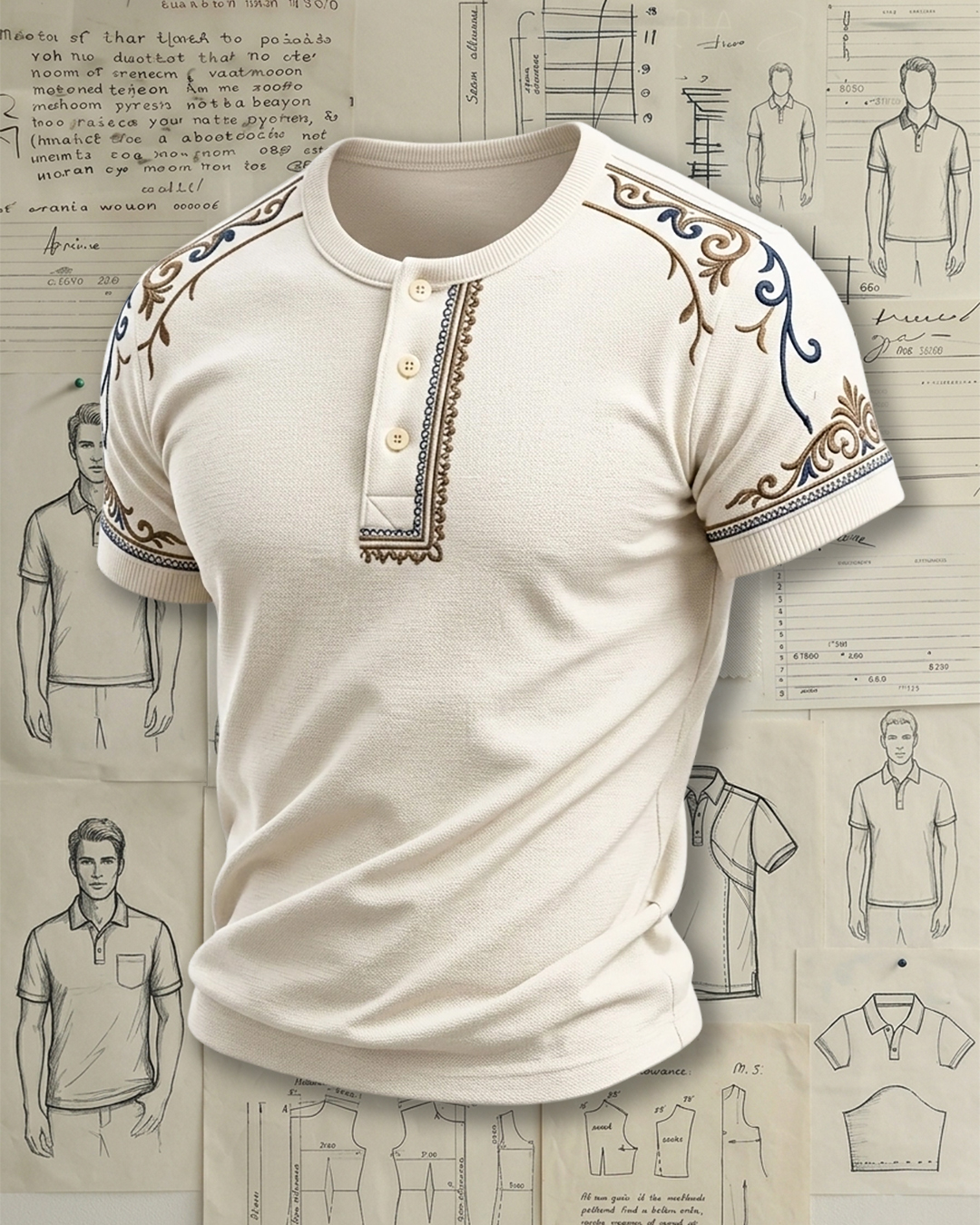 Men's Beige Baroque Floral Embroidery Slim Fit Retro Ethnic Style Henley Neck Waffle Knit Short Sleeve T-shirt