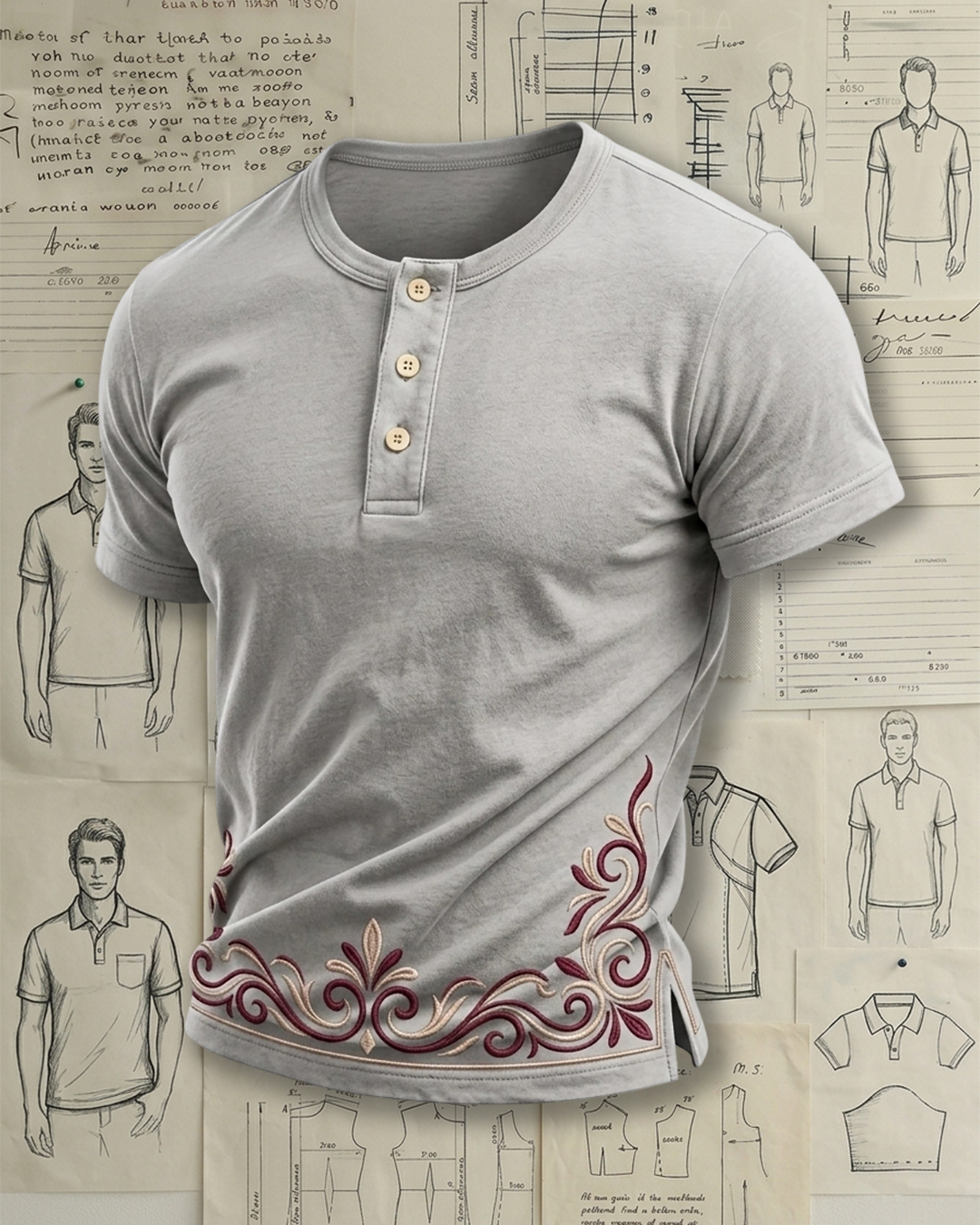 Men's Light Gray Vintage Scroll Floral Embroidery Slim Fit Retro Western Style Henley Neck Cotton Short Sleeve T-shirt