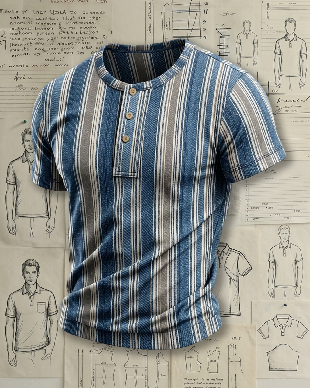 Men's Blue Gray Vertical Stripes Slim Fit Retro Washed Linen Style Henley Neck Short Sleeve T-shirt