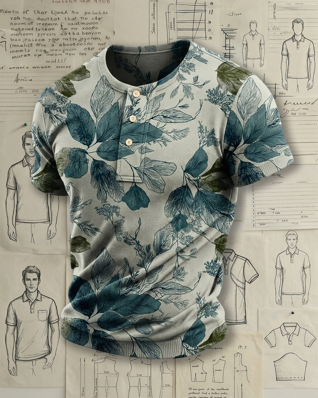 Men's Light Gray Base Teal Botanical Leaf Print Slim Fit Nature Casual Style Knit Henley Short Sleeve T-shirt
