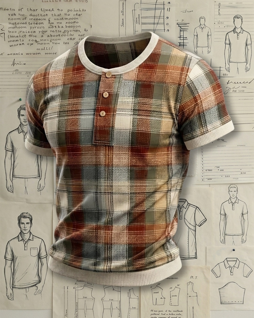 Men's Beige Base Rust Green Retro Plaid Slim Fit Vintage Casual Style Knit Henley Short Sleeve T-shirt