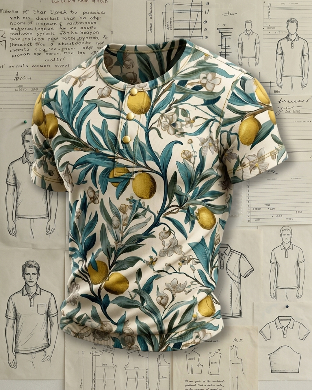 Men's Beige Base Teal Leaf Golden Lemon Print Slim Fit Retro Botanical Style Knit Henley Short Sleeve T-shirt