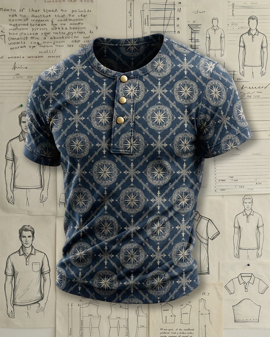 Men's Navy Base Beige Compass Geometric Print Slim Fit Retro Nautical Style Knit Henley Short Sleeve T-shirt
