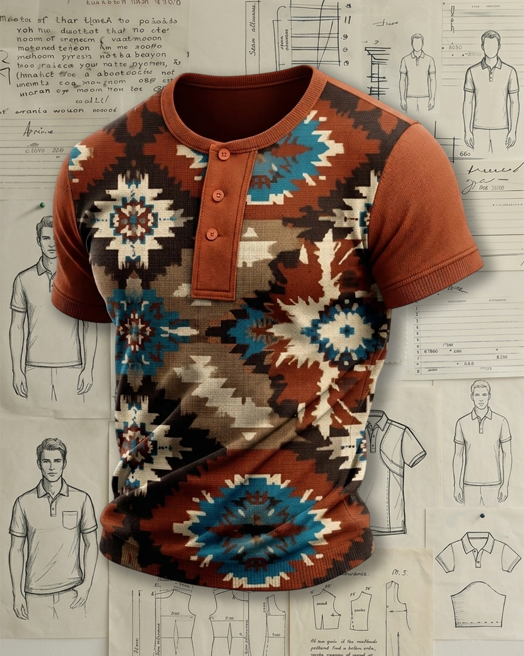 Men's Rust Base Turquoise Navajo Totem Print Slim Fit Western Retro Style Knit Henley Short Sleeve T-shirt
