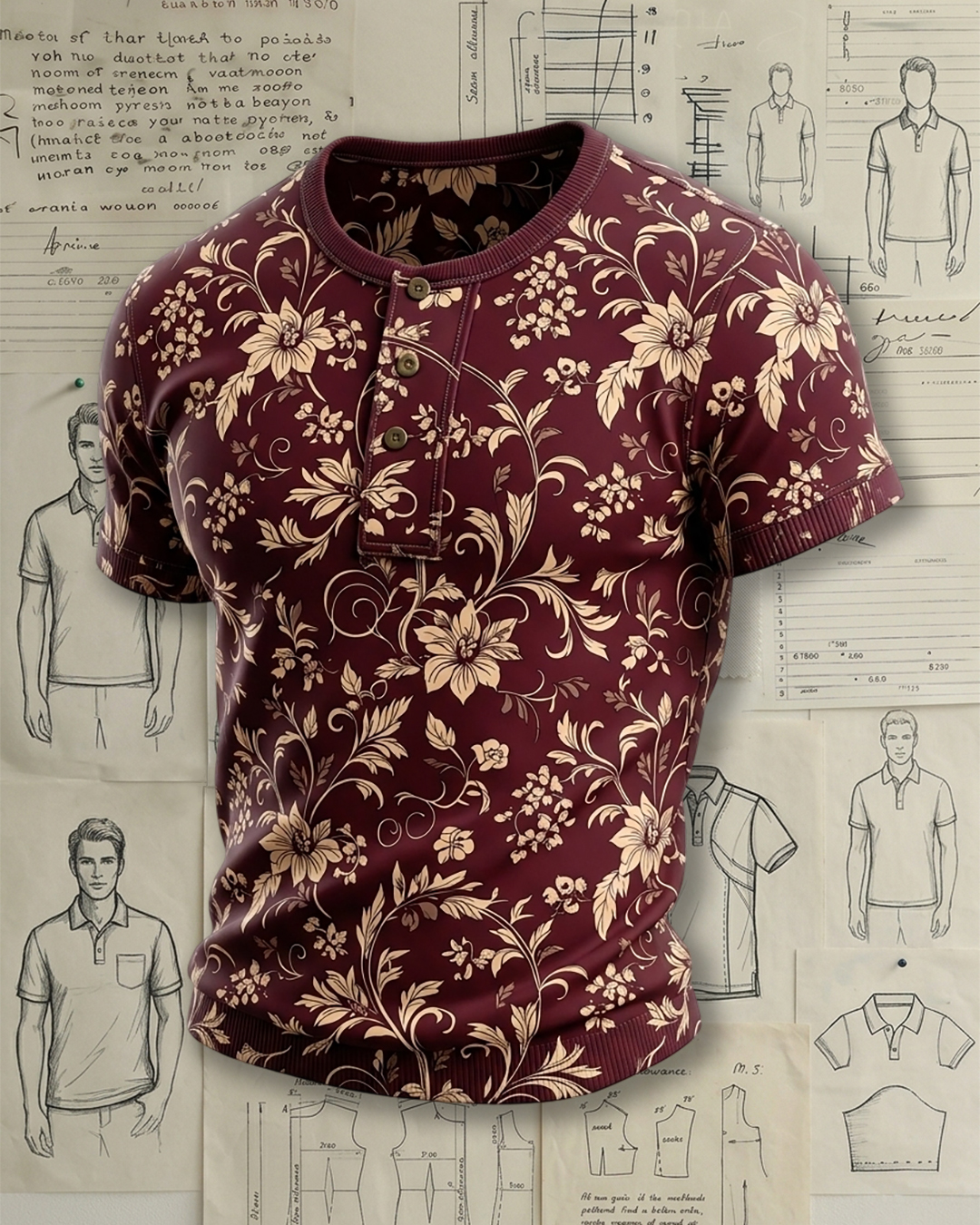 Men's Wine Red Base Cream Baroque Floral Print Slim Fit Noble Retro Style Knit Henley Short Sleeve T-shirt