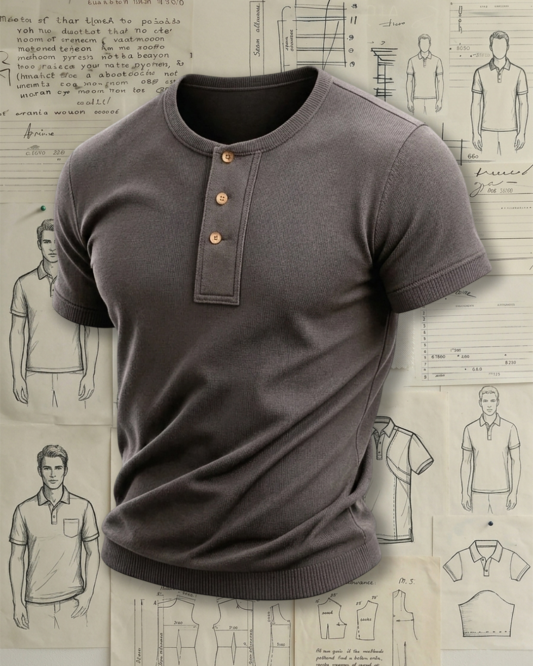 Men's Charcoal Gray Solid Color Slim Fit Casual Texture Knit Henley Short Sleeve T-shirt
